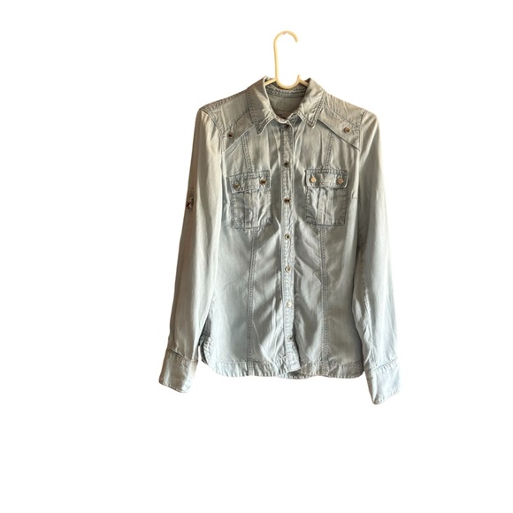 KAREN MILLEN DENIM BUTTOM UP CHEST POCKETS SHOULDER EPAULETTES L/SLEEVES SZ 4 - Picture 1 of 8